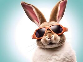 Head and shoulder portrait of adorable rabbit with eyeglasses photo