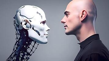 Man and AI robot look at each other. Concept of human and robot war in future. photo