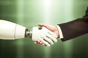 Robot and businessman in handshake. Concept of human robot relationships. image. photo