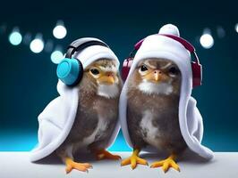 Cute and adorable baby birds with earphones in head. photo