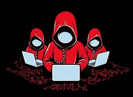 Three hackers without face. Concept of red hat, hacker group, organization or association. , photo