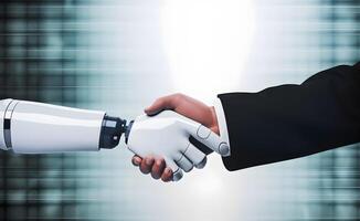 Robot and businessman in handshake. Concept of human robot relationships. image. photo