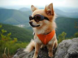 Adorable pet dog with eyeglasses on top of mountain. Adventure trip. photo