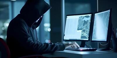 Hacker with hoodie. Concept of dark web, cybercrime, cyberattack. image photo