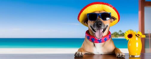 Adorable dog with mexican hat and sunglasses at the beach. Cinco De Mayo. photo