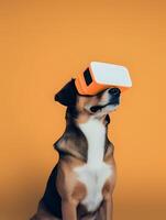 Retriever pet dog wearing a VR headset. image photo