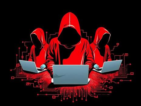 Tres hackers sin rostro. concepto de rojo sombrero, hacker grupo, organización o asociación. , ai generado foto