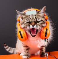 Fashionable cat with an earphone in head. photo