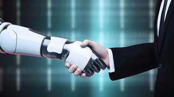 Robot and businessman in handshake. Concept of human robot relationships. image. photo