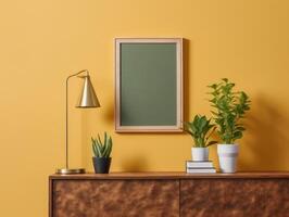 Wooden photo frame mockup yellow wall mounted on the wooden cabinet, interior decorated with plant leaf, lamp and vase.
