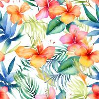 Watercolor tropical seamless pattern with multicolor leaves and flowers. Summer tropical background for fabric and textile print. photo