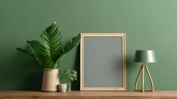 Wooden photo frame mockup green wall mounted on the wooden cabinet, interior decorated with plant leaf, lamp and vase.