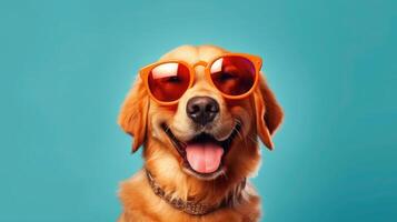 Happy Golden Retriever Dog Portrait looking at camera isolated on blue gradient studio background. photo