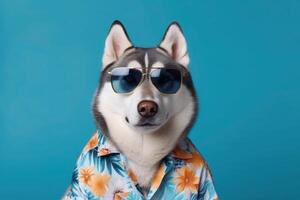 Happy Siberian Husky Dog Portrait wearing sunglasses and summer tropical shirt looking at camera isolated on blue gradient studio background. photo