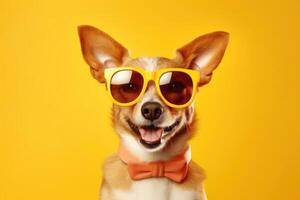 Happy Puppy Dog Portrait wearing summer sunglasses and looking at camera isolated on yellow gradient studio background. photo