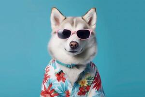 Happy Siberian Husky Dog Portrait wearing sunglasses and summer tropical shirt looking at camera isolated on blue gradient studio background. photo