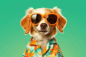 Happy Puppy Dog Portrait wearing summer sunglasses and tropical shirt looking at camera isolated on green gradient studio background. photo