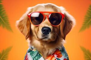 Happy Golden Retriever Dog Portrait with summer tropical shirt looking at camera isolated on Yellow, Orange gradient studio background. photo