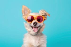 contento perrito perro retrato vistiendo verano Gafas de sol y mirando a cámara aislado en azul degradado estudio antecedentes. ai generado foto