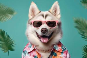 contento siberiano fornido perro retrato vistiendo Gafas de sol y verano tropical camisa mirando a cámara aislado en verde degradado estudio antecedentes. ai generado foto