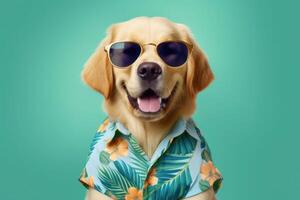 Happy Golden Retriever Dog Portrait with summer tropical shirt looking at camera isolated on green gradient studio background. photo