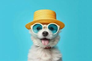 Happy Puppy Dog Portrait wearing summer sunglasses and hat looking at camera isolated on blue gradient studio background. photo
