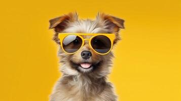 contento perrito perro retrato vistiendo verano Gafas de sol y mirando a cámara aislado en amarillo degradado estudio antecedentes. ai generado foto