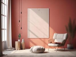 Wooden photo frame mockup pastel pink wall studio room. Interior decorated with plant leaf, sofa and modern chair.
