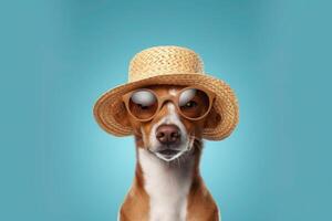 Happy Puppy Dog Portrait wearing summer sunglasses and hat looking at camera isolated on blue gradient studio background. photo