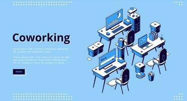 Coworking space isometric landing page. Teamwork vector