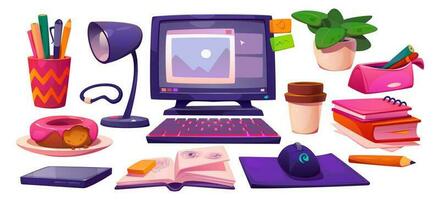 Home office window computer workspace set design vector