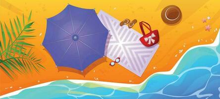 Beach top view with umbrella on sand near sea vector