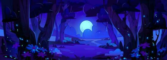 Night forest vector landscape scene with firefly