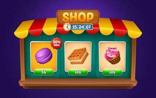 Game shop with items icons and buttons vector