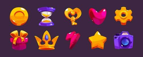 Cartoon game interface icon with crown and key ui vector