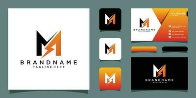 Initial letter M icon logo design template with lightning with business card design Premium Vector