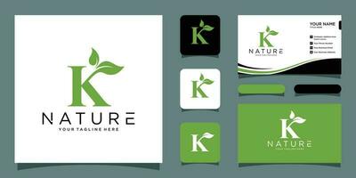 Initial letter K with leaf luxury logo. green leaf logo with business card design Premium Vector