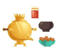 samovar, mermelada en vaso frasco, maceta y pasteles vector