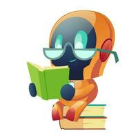 Robot in glasses reading book in library, clip art vector