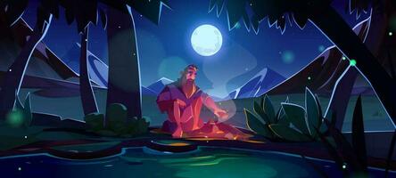 Man near campfire, forest with mountain landscape vector