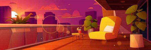 dibujos animados Departamento balcón con ciudad puesta de sol ver vector