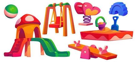 Kids playground in park, swing, slide and sandbox vector