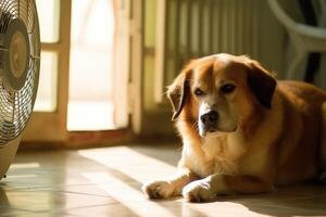 Cute dog lying on floor at home in hot day cooling under the fan, summer heat. photo