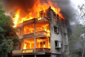 edificio en fuego, ai generado foto