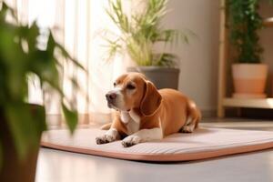 Cute dog lying on cooling mat in hot day at home. photo