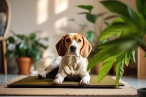 Cute dog lying on cooling mat in hot day at home. photo