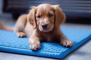 Cute dog lying on cool mat in hot day looking up, isolated, summer heat. photo