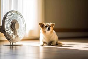 Cute dog lying on floor at home in hot day cooling under the fan, summer heat. photo
