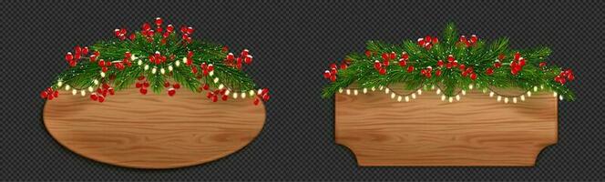 Christmas wood sign board with fir and red berries vector