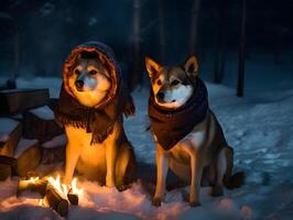 dos mascota perros cerca un hoguera en nieve suelo en invierno estación. foto